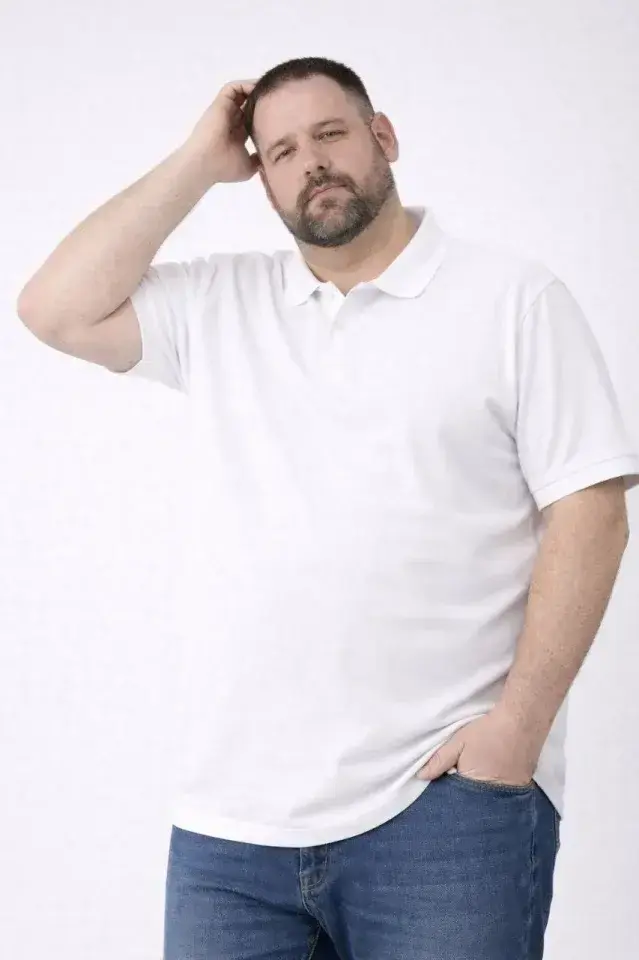 Erkek Pike Kumaş Düğmeli Yaka Battal Büyük Beden Günlük Kısa Kol Tişört T-shirt - Beyaz