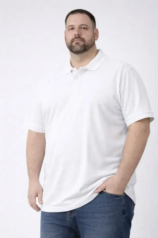 Erkek Pike Kumaş Düğmeli Yaka Battal Büyük Beden Günlük Kısa Kol Tişört T-shirt - Beyaz