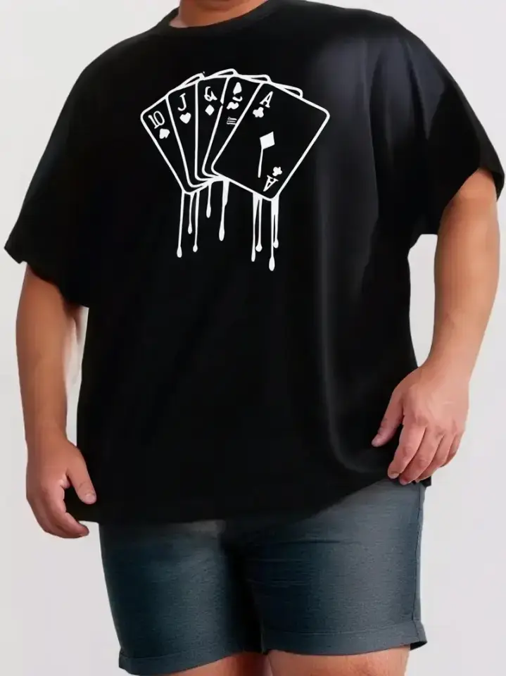 Erkek Büyük Beden Kart Baskılı Düz Renk Kısa Kollu Bisiklet Yaka Tişört Gündelik Giyim - Siyah