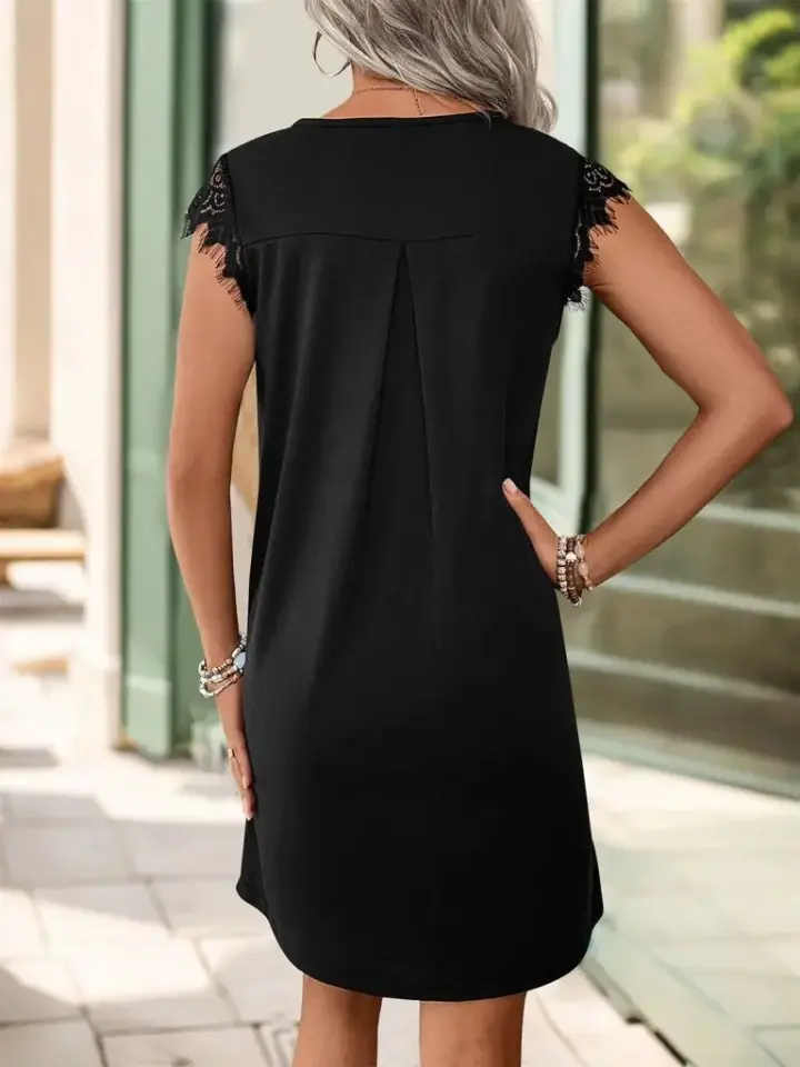 Kadın Kısa Dantel Kollu önden Düğmeli Viskon Elbise