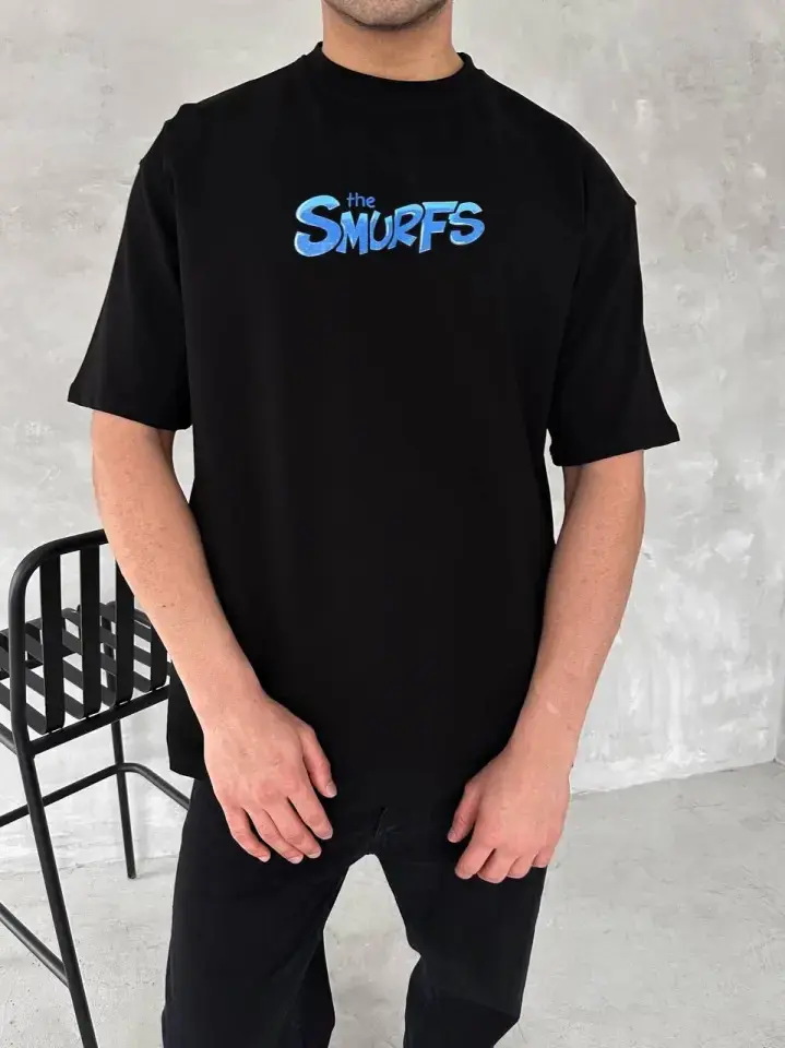 Ön Ve Arka Baskılı Oversize Bisiklet Yaka T-shirt- Siyah