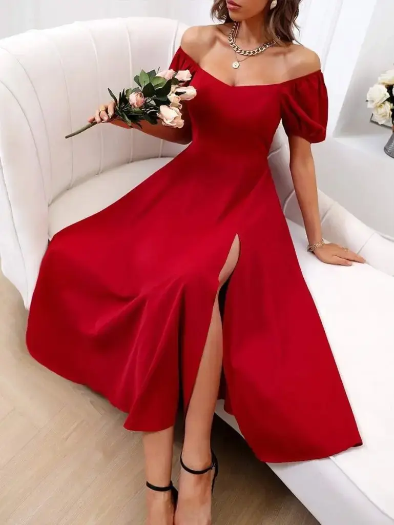 Kadın Kısa Kollu Kare Yakalı Yırtmaçlı Midi Janjan Krep Elbise