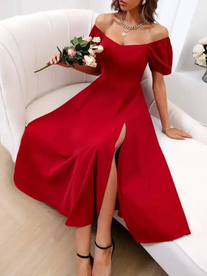 Kadın Kısa Kollu Kare Yakalı Yırtmaçlı Midi Janjan Krep Elbise