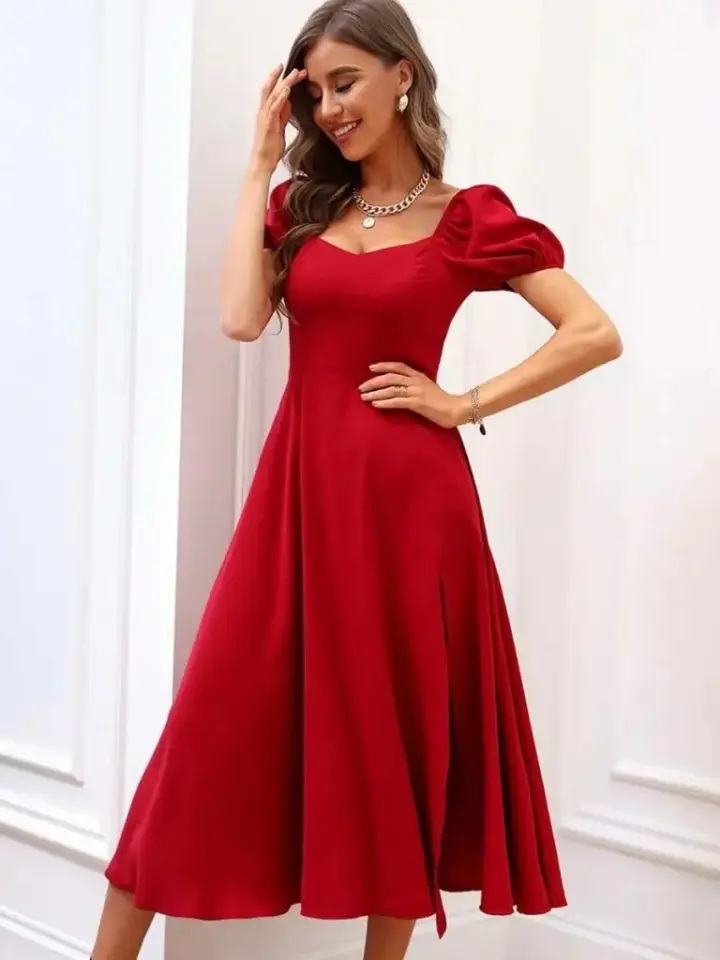 Kadın Kısa Kollu Kare Yakalı Yırtmaçlı Midi Janjan Krep Elbise