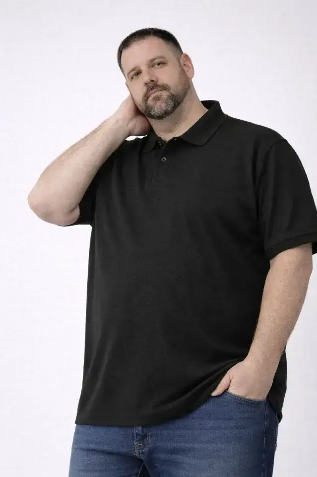 Erkek Pike Kumaş Düğmeli Yaka Battal Büyük Beden Günlük Kısa Kol Tişört T-shirt - Siyah