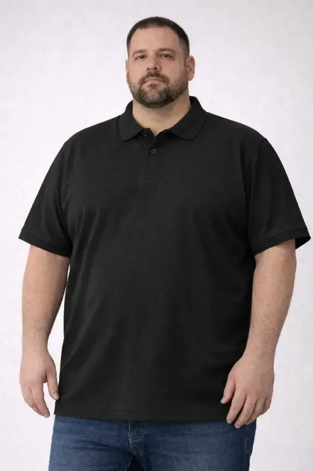 Erkek Pike Kumaş Düğmeli Yaka Battal Büyük Beden Günlük Kısa Kol Tişört T-shirt - Siyah