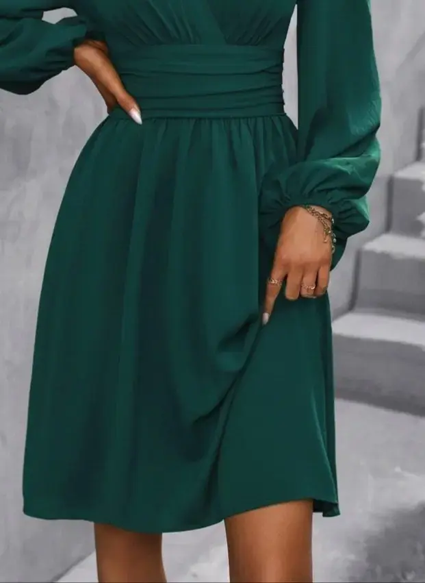 Kadın Uzun Kollu Kruvaze Yakalı Bel Korsajlı Mini Elbise