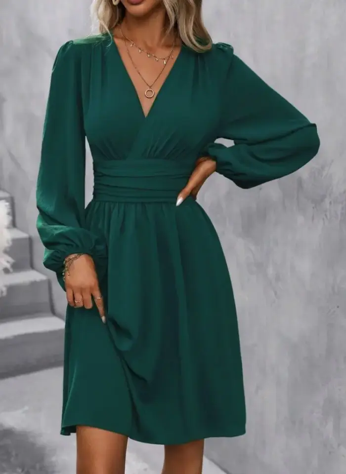 Kadın Uzun Kollu Kruvaze Yakalı Bel Korsajlı Mini Elbise