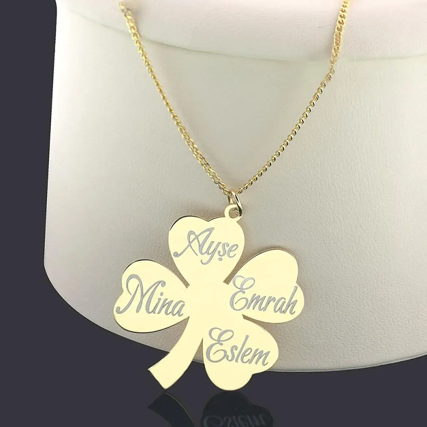 Kişiye Özel 14K Altın Kaplama Yonca Aile İsim Kolye