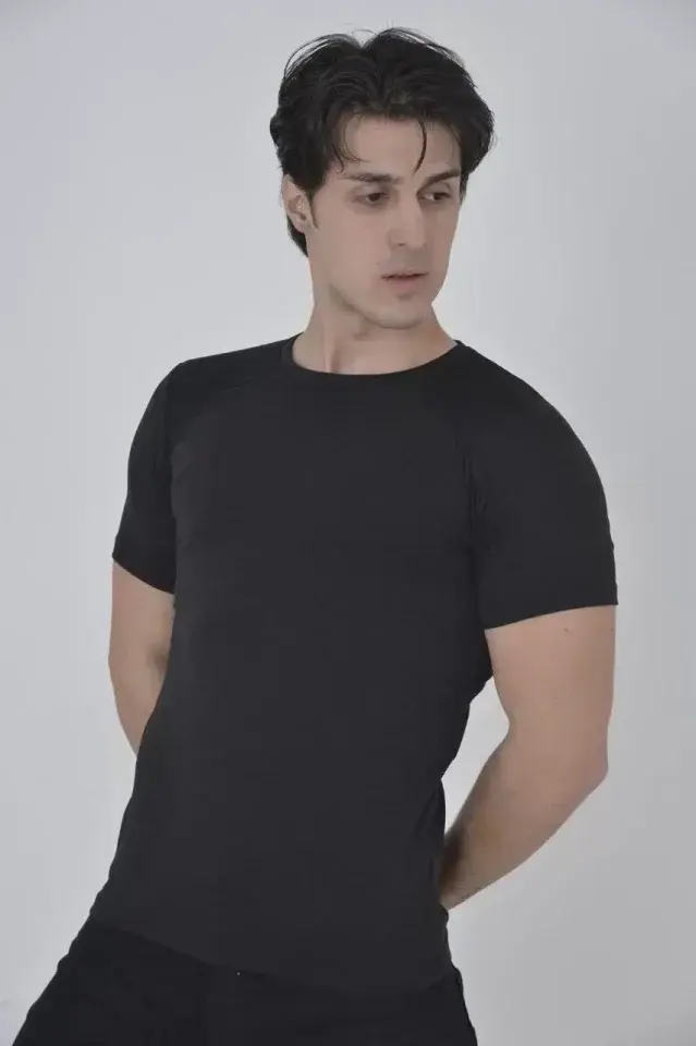 Erkek Omuz Fileli Slim Fit T-shirt - Siyah