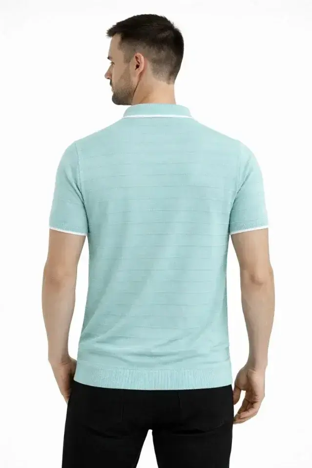 Erkek Triko Kumaş Yakalı Düğmesiz Açık Yaka Fitilli Kısa Kollu Regular Fit Tişört T-shirt - Mint Yeşili