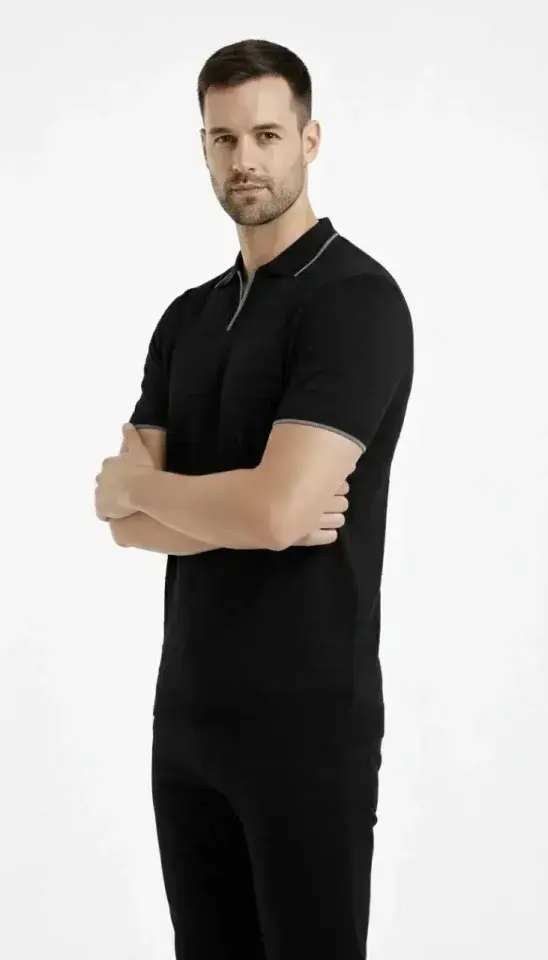 Erkek Triko Kumaş Yakalı Düğmesiz Açık Yaka Fitilli Kısa Kollu Regular Fit Tişört T-shirt - Siyah