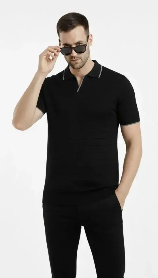 Erkek Triko Kumaş Yakalı Düğmesiz Açık Yaka Fitilli Kısa Kollu Regular Fit Tişört T-shirt - Siyah