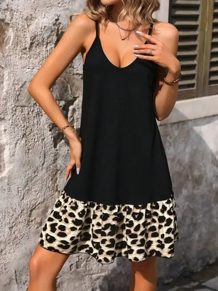 Kadın Ip Askılı Yuvarlak Yakalı Leopar Detaylı Elbise