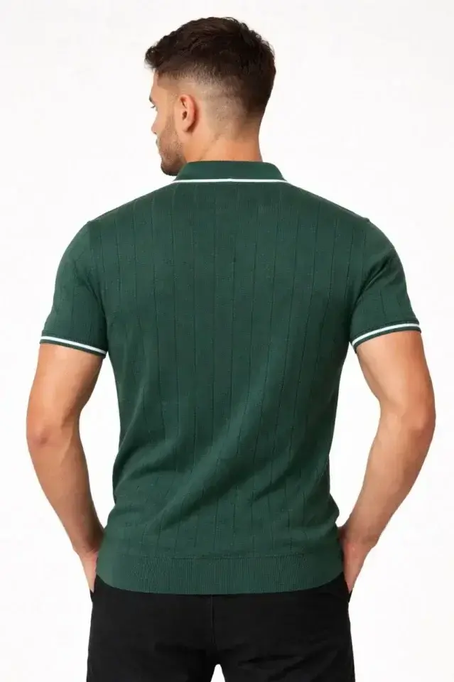 Erkek Fermuarlı Yaka Fitilli Triko Kısa Kollu Regular Fit Tişört T-shirt - Yeşil