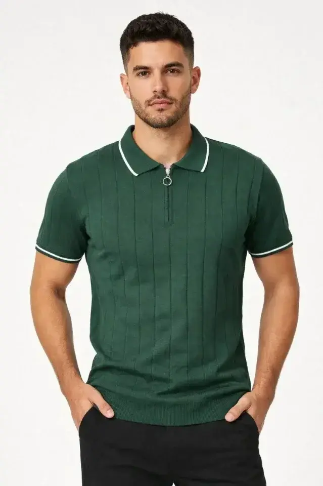 Erkek Fermuarlı Yaka Fitilli Triko Kısa Kollu Regular Fit Tişört T-shirt - Yeşil