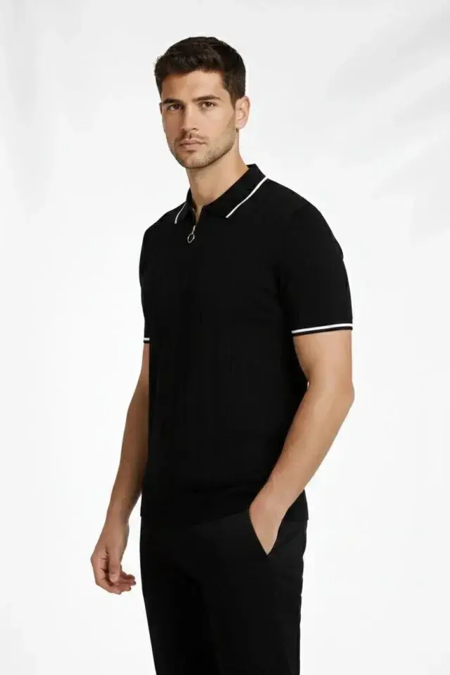 Erkek Fermuarlı Yaka Fitilli Triko Kısa Kollu Regular Fit Tişört T-shirt - Siyah