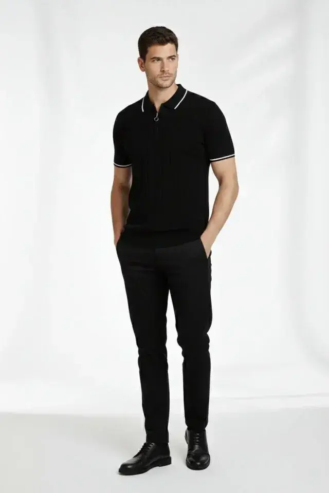 Erkek Fermuarlı Yaka Fitilli Triko Kısa Kollu Regular Fit Tişört T-shirt - Siyah