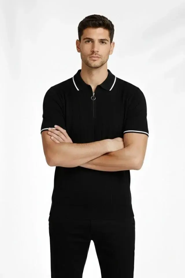 Erkek Fermuarlı Yaka Fitilli Triko Kısa Kollu Regular Fit Tişört T-shirt - Siyah