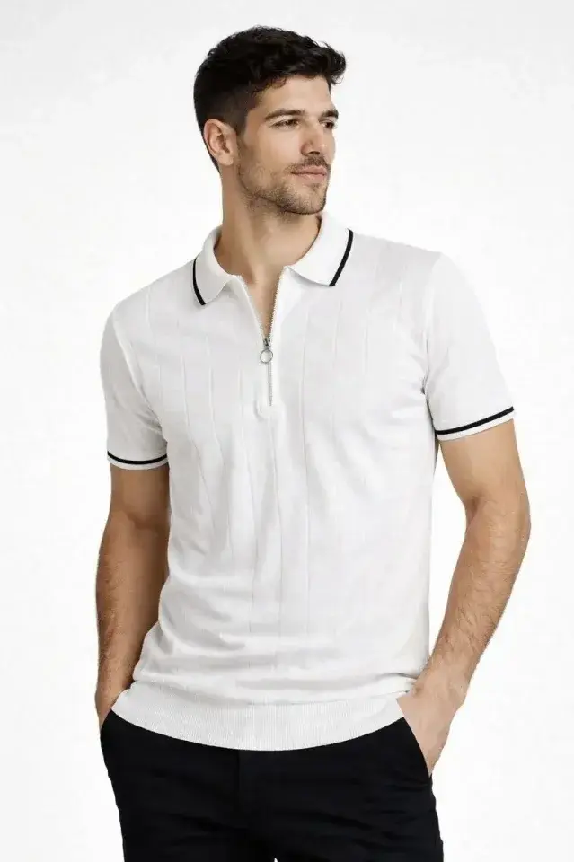 Erkek Fermuarlı Yaka Fitilli Triko Kısa Kollu Regular Fit Tişört T-shirt - Beyaz