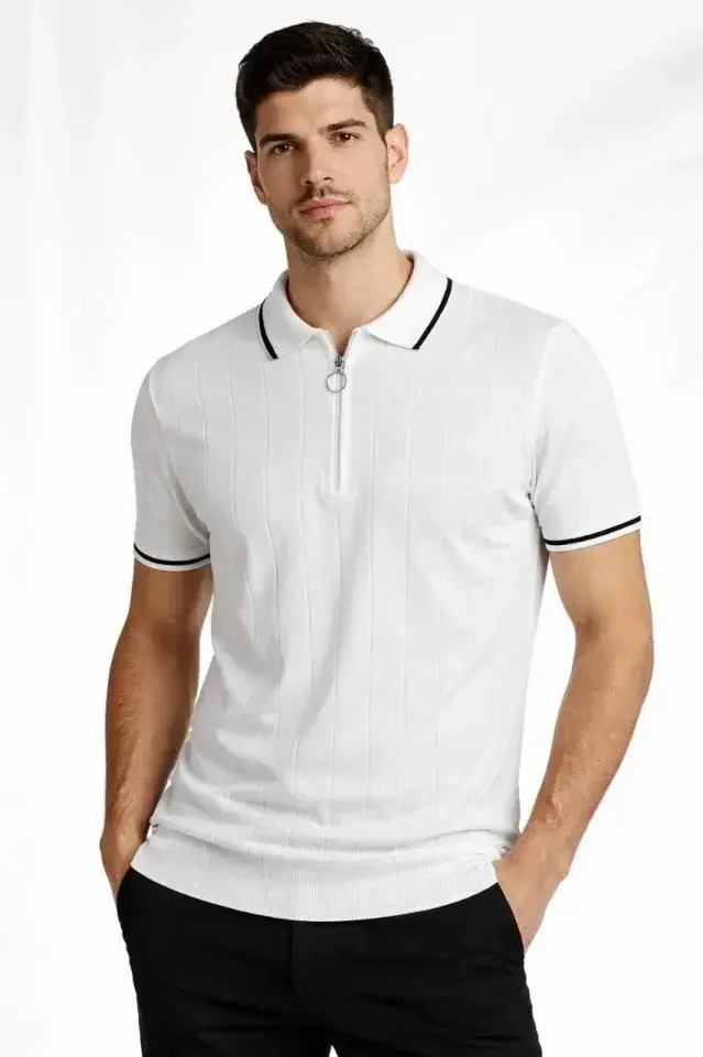 Erkek Fermuarlı Yaka Fitilli Triko Kısa Kollu Regular Fit Tişört T-shirt - Beyaz