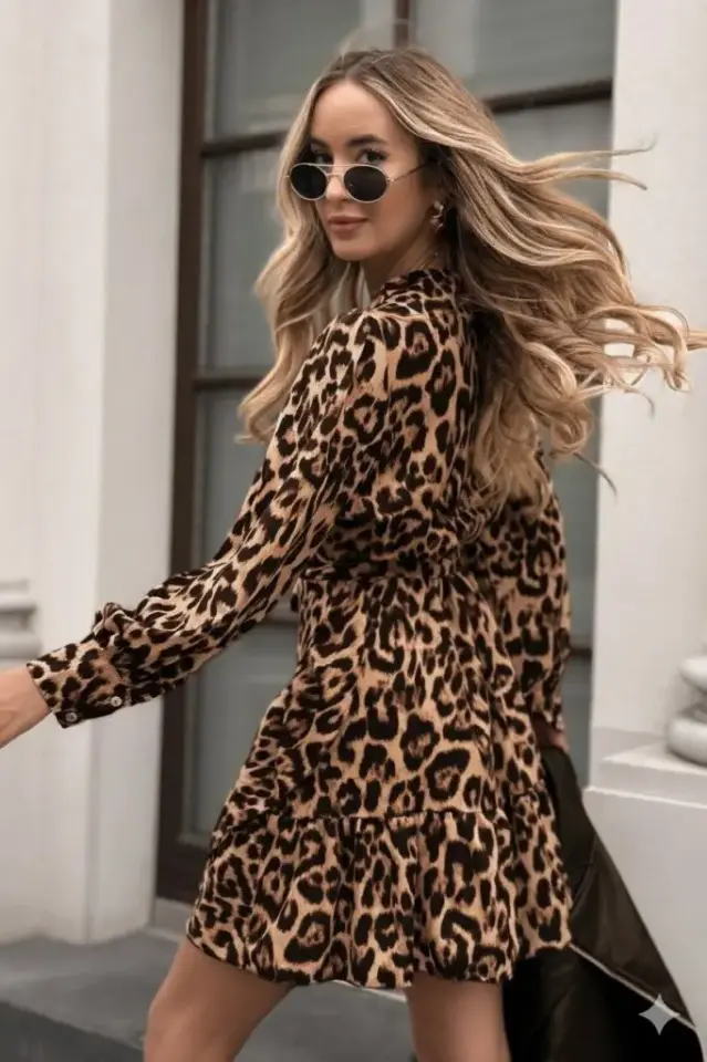 Kadın Uzun Kollu Kruvaze Yakalı Fırfırlı Belden Kuşaklı Leopar Desen Modal Elbise