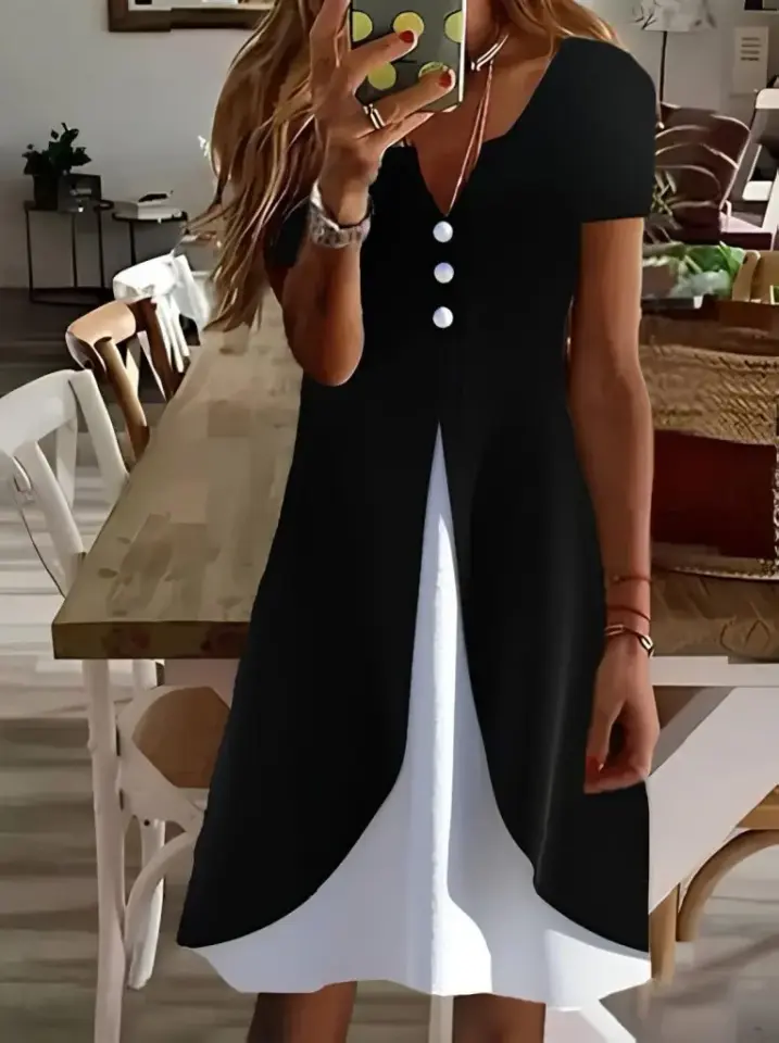 Kadın Kısa Kollu V Yakalı önden Düğmeli çift Renkli Viskon Elbise