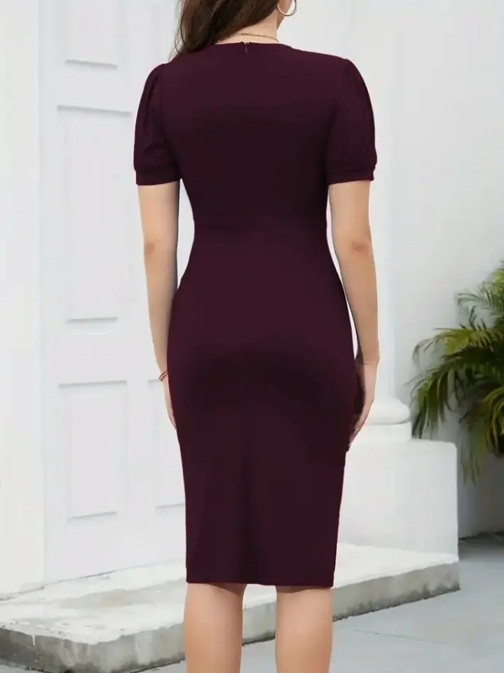 Kadın Kısa Kollu V Yakalı önden Fırfırlı Ithal Krep Elbise