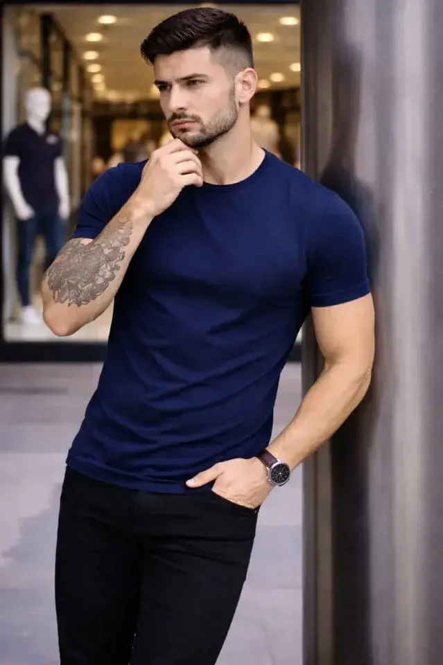 Erkek T-Shirt Bisiklet Yaka Slim Fit Dar Kesim Likralı Tişört Günlük Basic Body - Lacivert