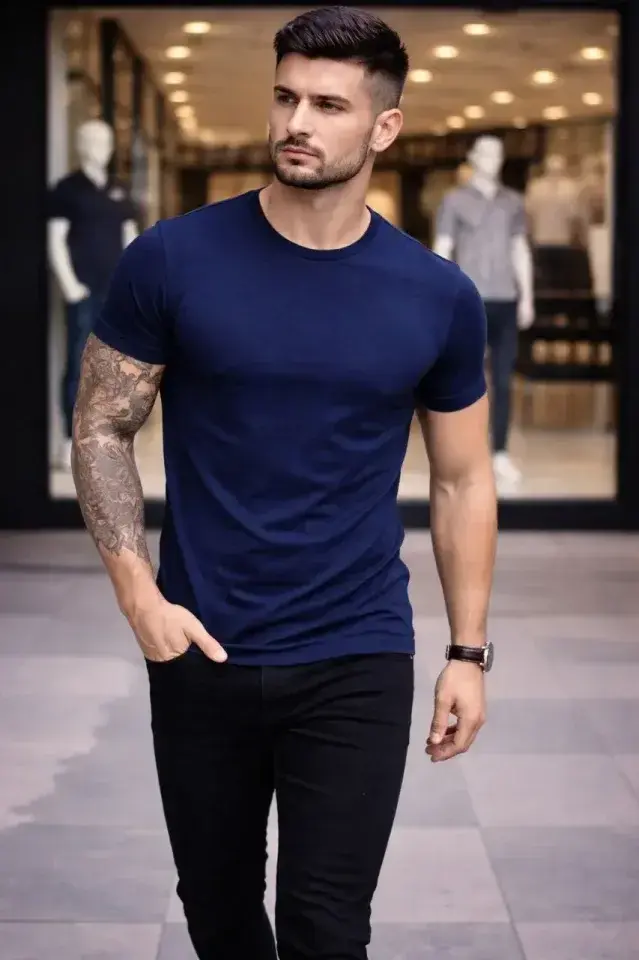Erkek T-Shirt Bisiklet Yaka Slim Fit Dar Kesim Likralı Tişört Günlük Basic Body - Lacivert
