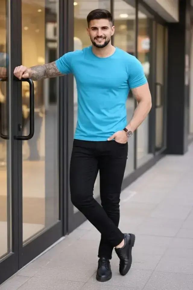 Erkek T-Shirt Bisiklet Yaka Slim Fit Dar Kesim Likralı Tişört Günlük Basic Body - Açık Mavi