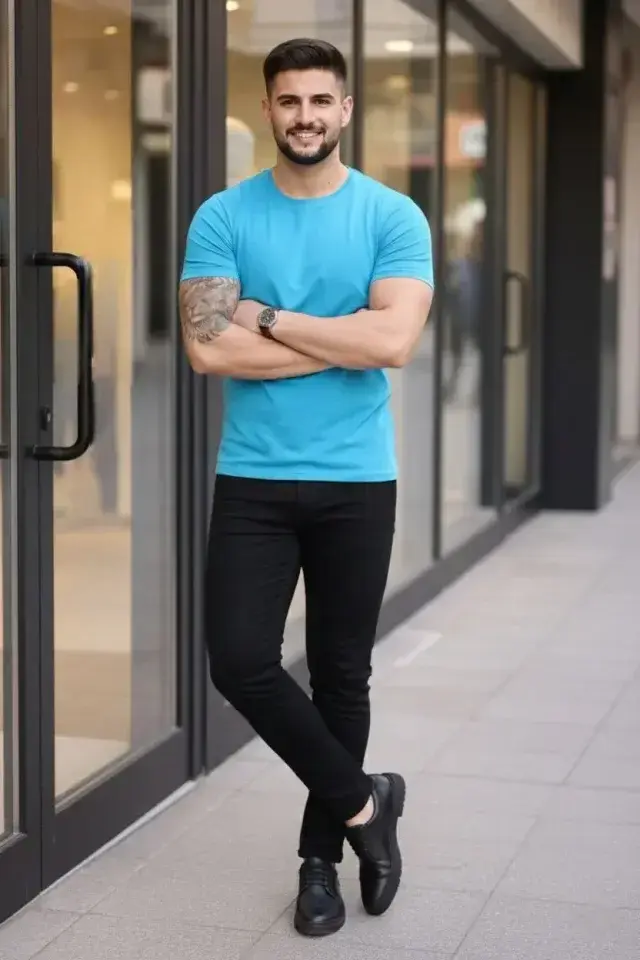 Erkek T-Shirt Bisiklet Yaka Slim Fit Dar Kesim Likralı Tişört Günlük Basic Body - Açık Mavi