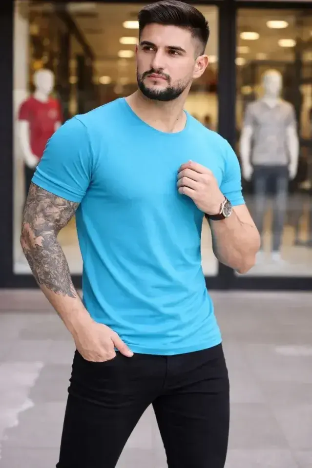 Erkek T-Shirt Bisiklet Yaka Slim Fit Dar Kesim Likralı Tişört Günlük Basic Body - Açık Mavi