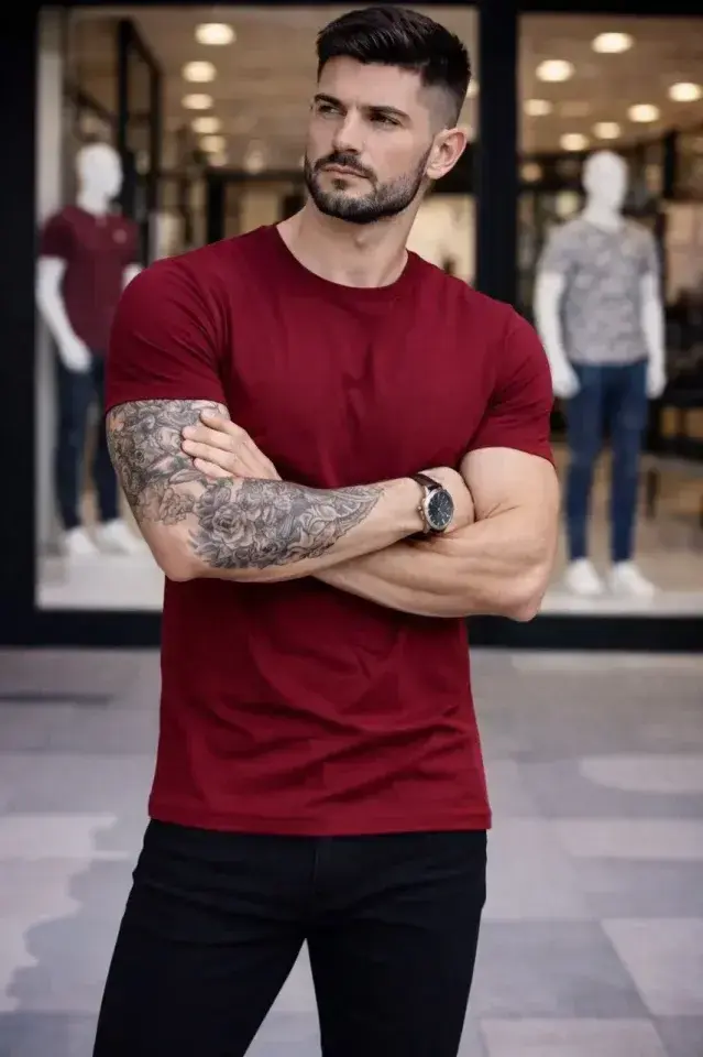 Erkek T-Shirt Bisiklet Yaka Slim Fit Dar Kesim Likralı Tişört Günlük Basic Body - Bordo