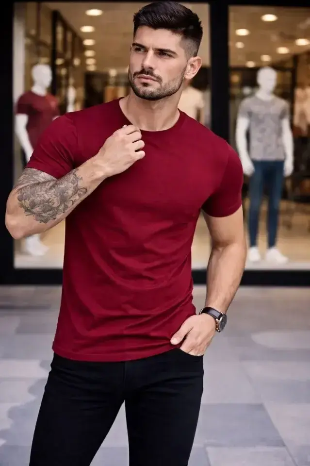 Erkek T-Shirt Bisiklet Yaka Slim Fit Dar Kesim Likralı Tişört Günlük Basic Body - Bordo