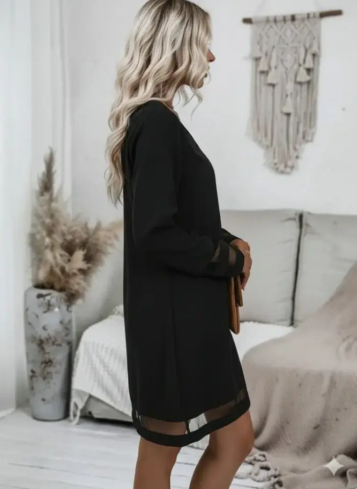 Kadın Uzun Kollu V Yakalı Tül şerit Detaylı Mini Krep Elbise