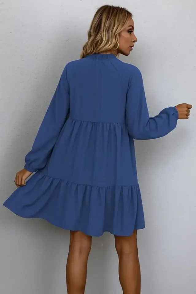 Kadın Uzun Kollu Yakadan Bağcıklı Fırfırlı Keten Mini Elbise