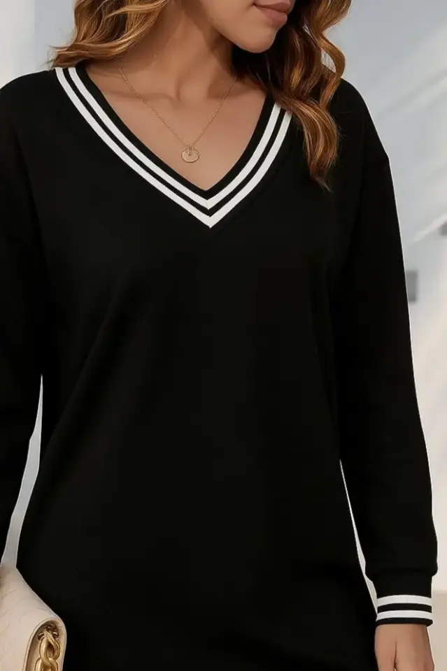 Kadın Uzun Kollu V Yakalı şerit Detaylı Kısa Viskon Iki Iplik Elbise