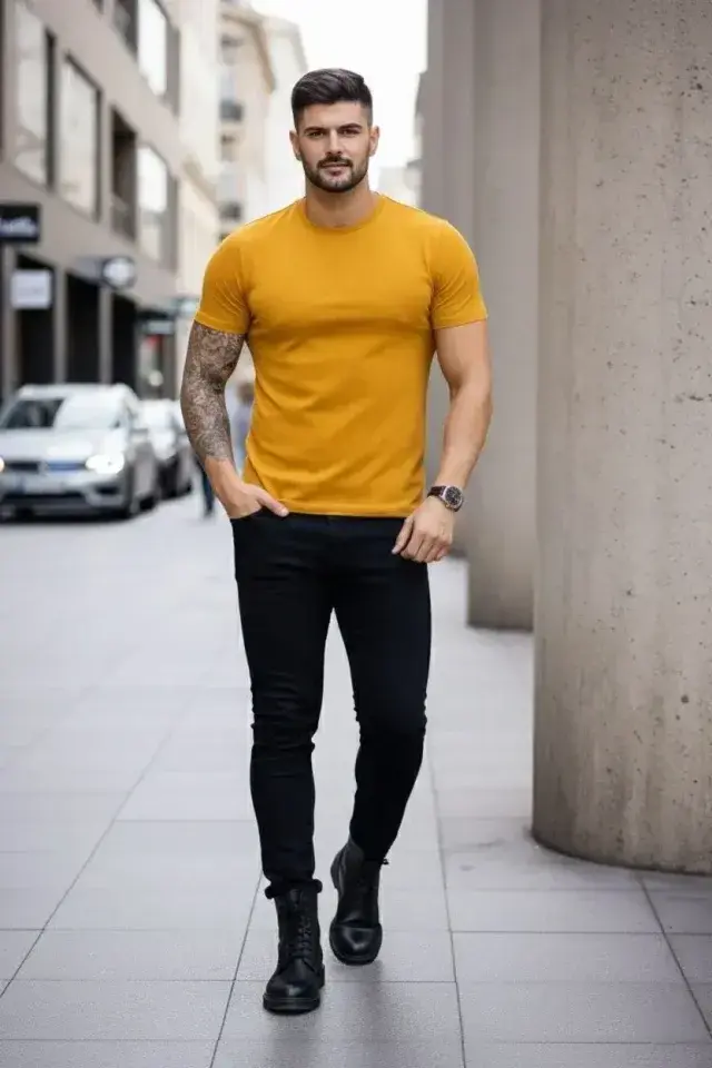 Erkek T-Shirt Bisiklet Yaka Slim Fit Dar Kesim Likralı Tişört Günlük Basic Body - Limon