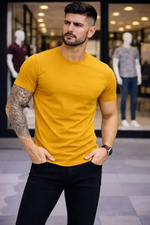 Erkek T-Shirt Bisiklet Yaka Slim Fit Dar Kesim Likralı Tişört Günlük Basic Body - Limon