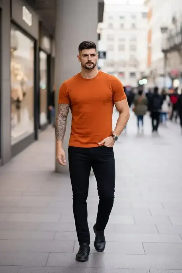 Erkek T-Shirt Bisiklet Yaka Slim Fit Dar Kesim Likralı Tişört Günlük Basic Body - Koyu Turuncu