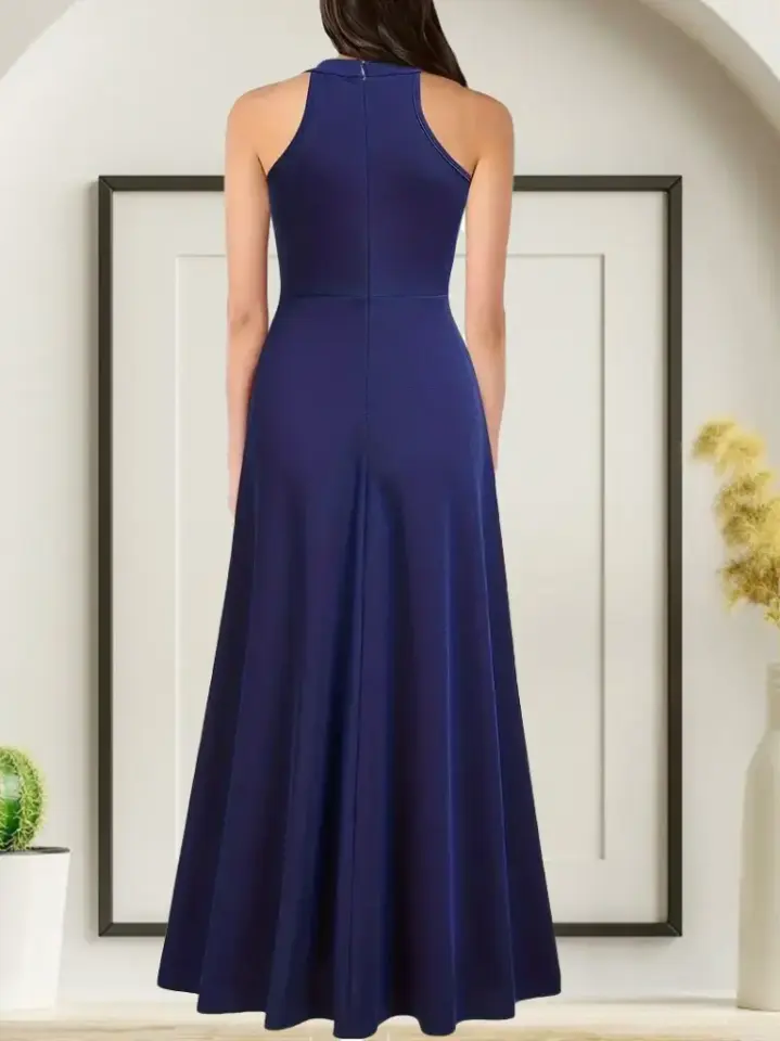 Kadın Halter Yaka Derin Yırtmaç Detaylı Tam Boy Janjan Krep Abiye Elbise