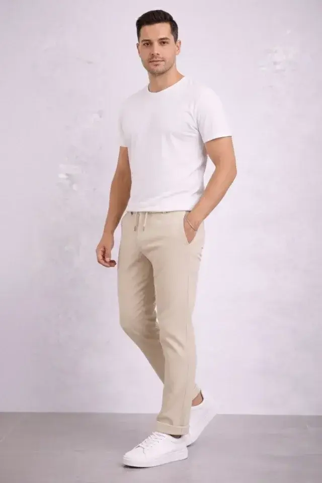 Erkek Diagonel Mikro Dokulu Duble Paça Cepli Pantolon Bağcıklı Bel, Modern Kesim - Krem