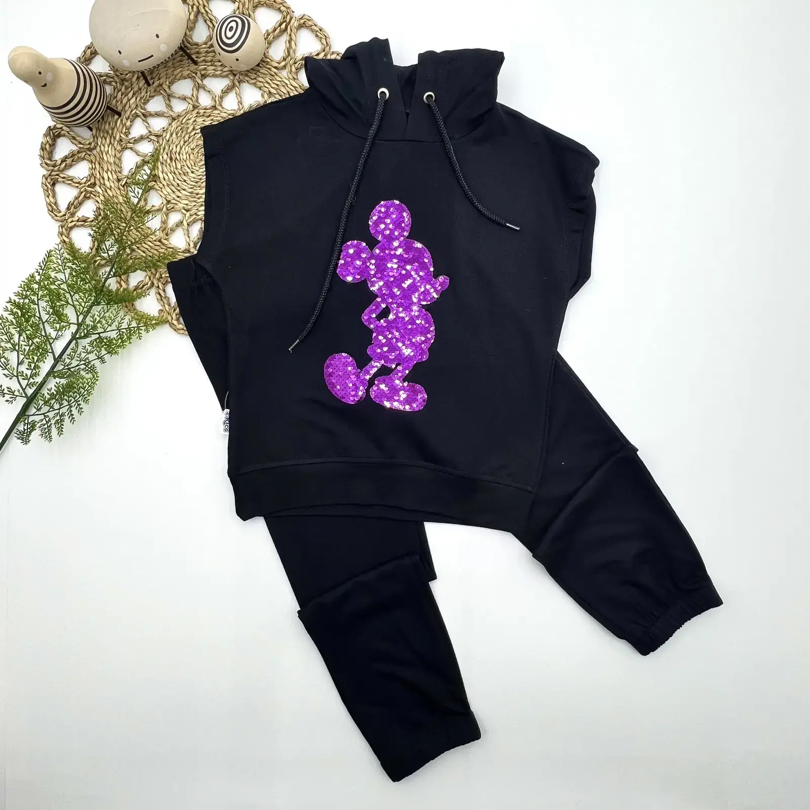 3-4-5 Yaş Kapşonlu Payetli Mickey Desenli Kısa Kol 2li Kız Erkek Çocuk Takımı