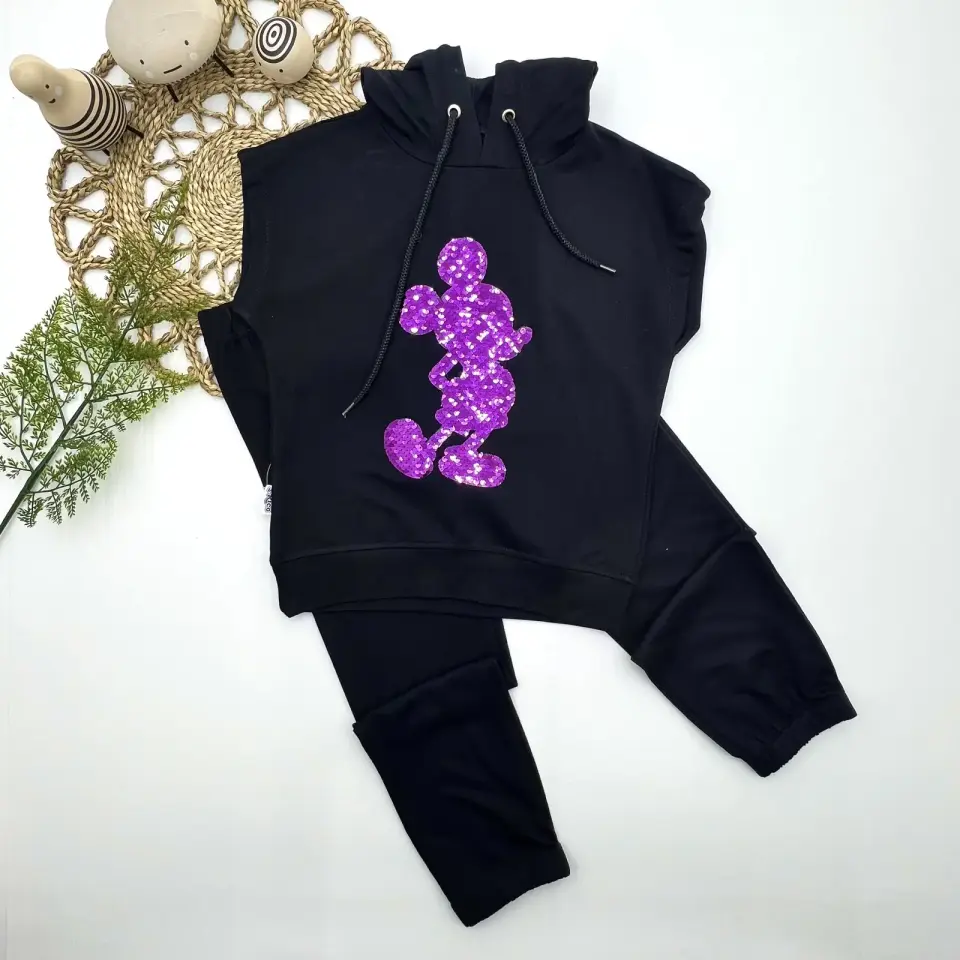 3-4-5 Yaş Kapşonlu Payetli Mickey Desenli Kısa Kol 2li Kız Erkek Çocuk Takımı