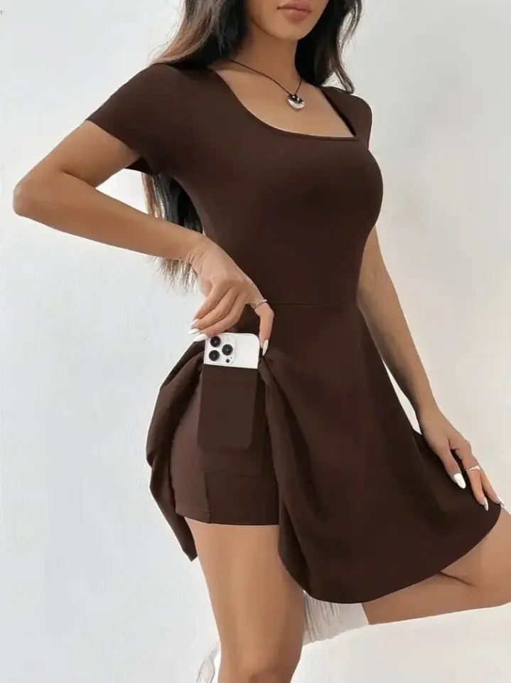 Kadın Kısa Kollu Kare Yaka Short Detaylı Cepli Dalgıç Elbise