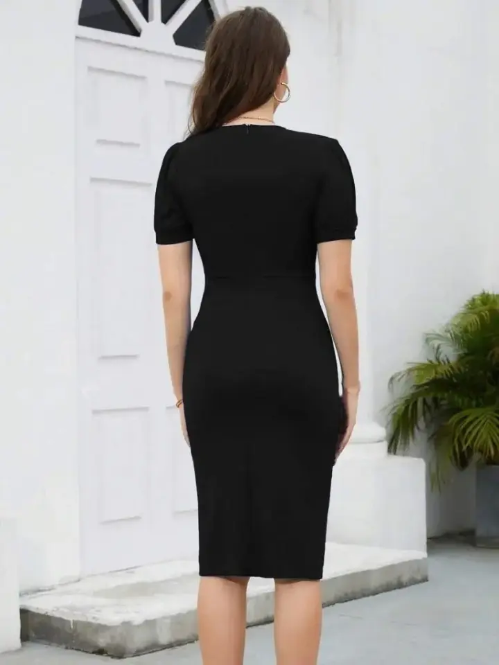 Kadın Kısa Kollu V Yakalı önden Fırfırlı Ithal Krep Elbise