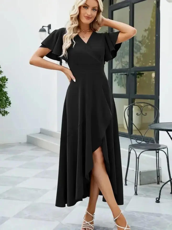 Kadın Kısa Kollu Kruvaze Yakalı önden Volanlı çapraz Kesim Detaylı Maksi Boy Ithal Krep Elbise