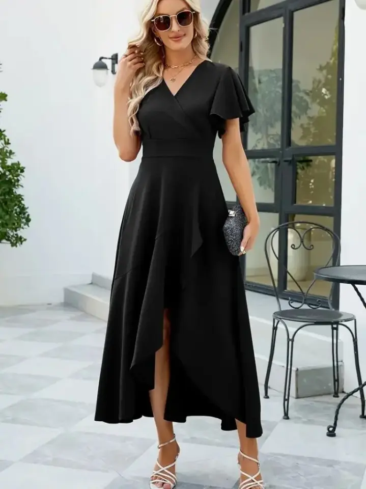 Kadın Kısa Kollu Kruvaze Yakalı önden Volanlı çapraz Kesim Detaylı Maksi Boy Ithal Krep Elbise