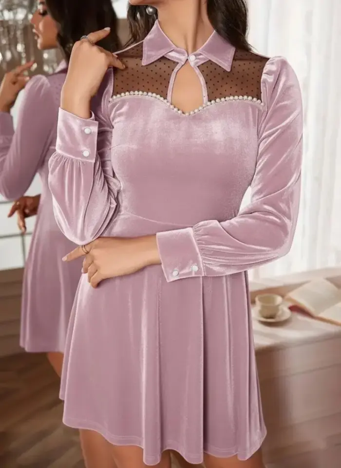 Kadın Uzun Kollu Yakalı Tül Detaylı Incili Mini Kadife Elbise